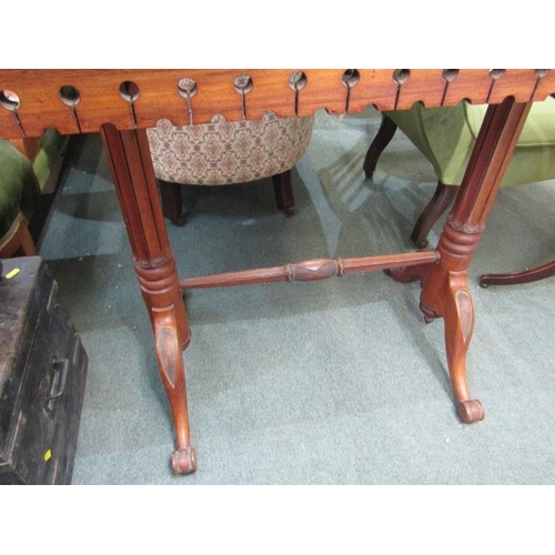 450 - VICTORIAN MAHOGANY SIDE TABLE on twin cabriole legs and stretcher base