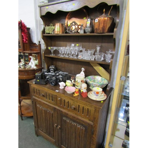 494 - OAK NARROW DRESSER with linen fold panelled cupboard base