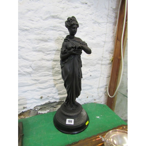 108 - SCULPTURE, patinated metal circular base figure of Muse, 46cm height