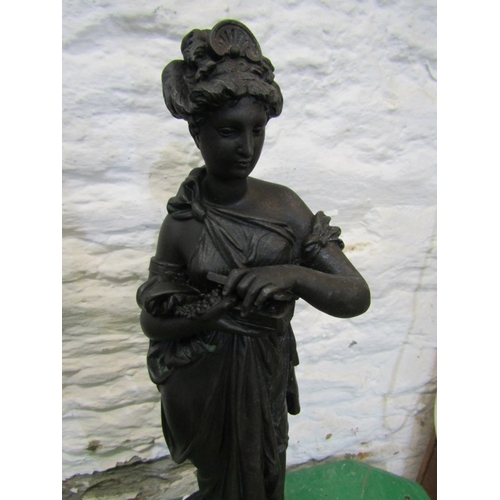 108 - SCULPTURE, patinated metal circular base figure of Muse, 46cm height