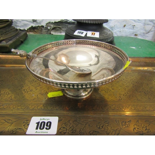 109 - BENARES brass tray, plated comport and novelty spoon