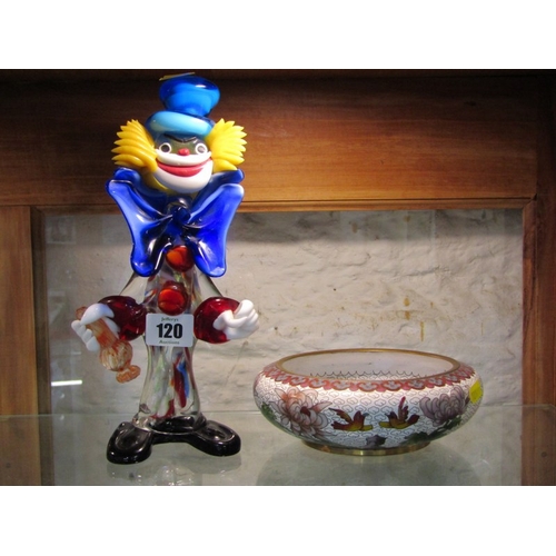 120 - MURANO GLASS CLOWN, also Chinese cloisonne floral design compressed bowl, signed base