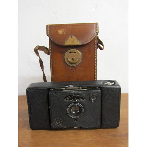 123 - VINTAGE CAMERAS, Parvex no 122 leather cased camera, together with Icarette black fibre cased camera