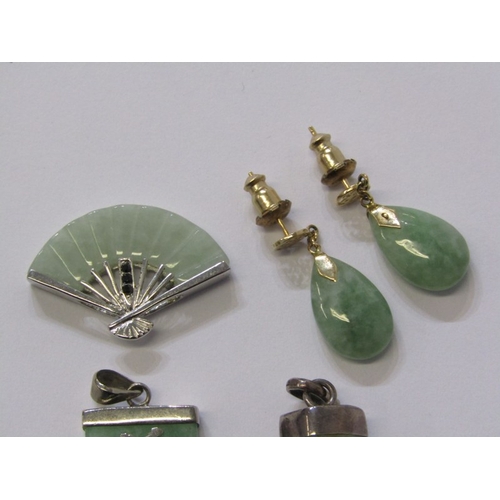 129 - CHINESE JADE JEWELLERY, pair of Chinese jade pear drop earrings with yellow metal settings, a silver... 