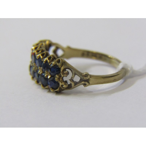 130 - SAPPHIRE DOUBLE ROW RING, 9ct yellow gold ring set a double row of sapphires, 14 in total, size M