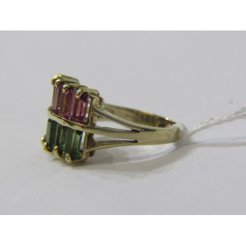 136 - IMPRESSIVE TOPAZ RING, 9ct yellow gold ring set a row of pink baguette cut topaz and row of green ba... 