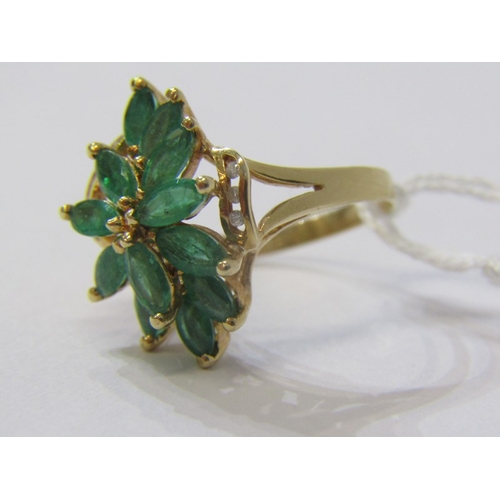 140 - EMERALD CLUSTER RING, 14ct yellow gold ring, set a cluster of 12 large marquise cut emeralds in a fa... 