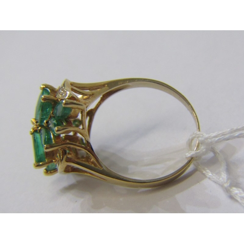 140 - EMERALD CLUSTER RING, 14ct yellow gold ring, set a cluster of 12 large marquise cut emeralds in a fa... 