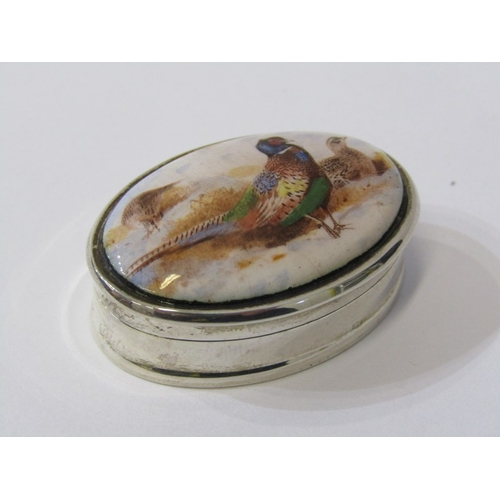 141 - SILVER & ENAMEL PILL BOX, of oval form, top decorated a pheasant, London HM