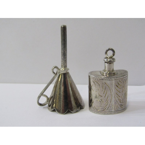 144 - SILVER BOXES, 2 silver pill boxes, 1 with engraved decoration, a silver scent in the form of a penda... 