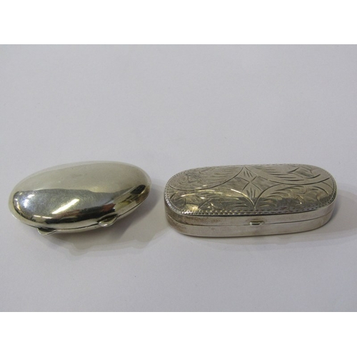 144 - SILVER BOXES, 2 silver pill boxes, 1 with engraved decoration, a silver scent in the form of a penda... 