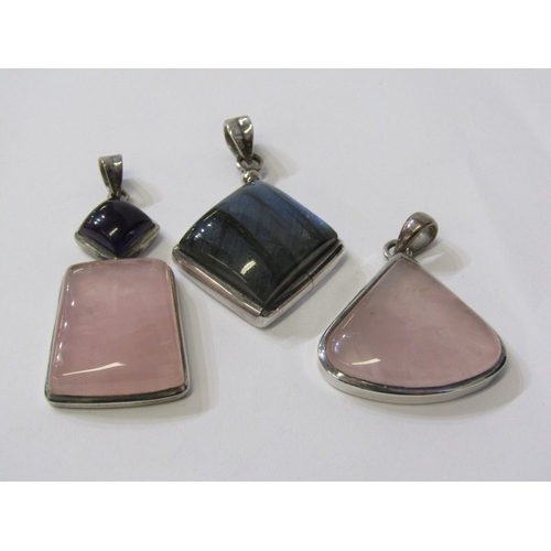 145 - RETRO SILVER FRAMED PENDANT, 3 silver frame pendants, set shaped semi-precious stones, also a silver... 