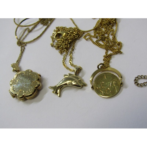 148 - GOLD & YELLOW METAL ITEMS, gold pendant on chain, various yellow metal chains, dolphin pendant, etc,... 