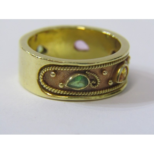 152 - MIDDLE EASTERN DESIGN GOLD BAND RING, set precious stones, stamped 750, set emerald, citrine, amethy... 