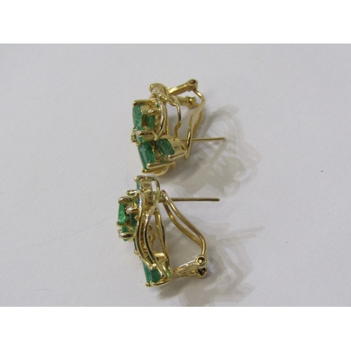 153 - EMERALD & DIAMOND CLUSTER EARRINGS, quality pair of 14ct gold earrings, set 9 marquise cut emeralds ... 