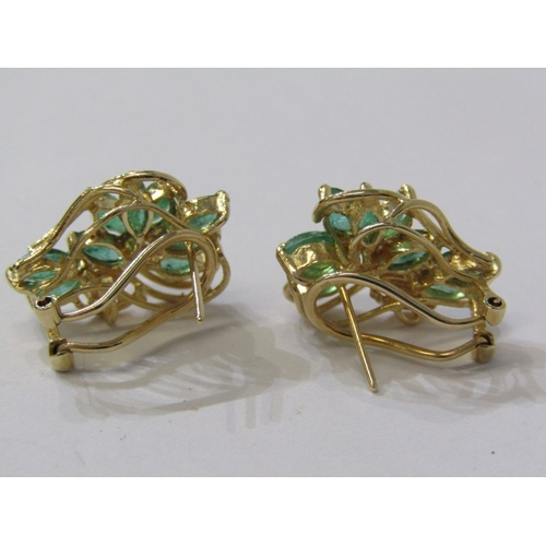 153 - EMERALD & DIAMOND CLUSTER EARRINGS, quality pair of 14ct gold earrings, set 9 marquise cut emeralds ... 