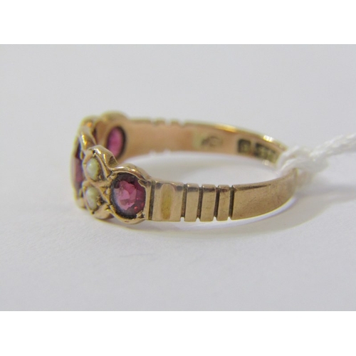 154 - GARNET & PEARL RING, vintage 9ct yellow gold ring, set 3 graduated garnets interspersed by pearls, s... 