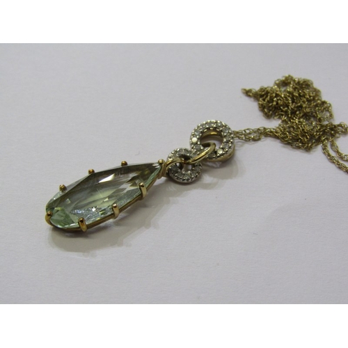 161 - GREEN AMETHYST & DIAMOND PENDANT, pear shape green amethyst set in gold with diamond encrusted mount... 