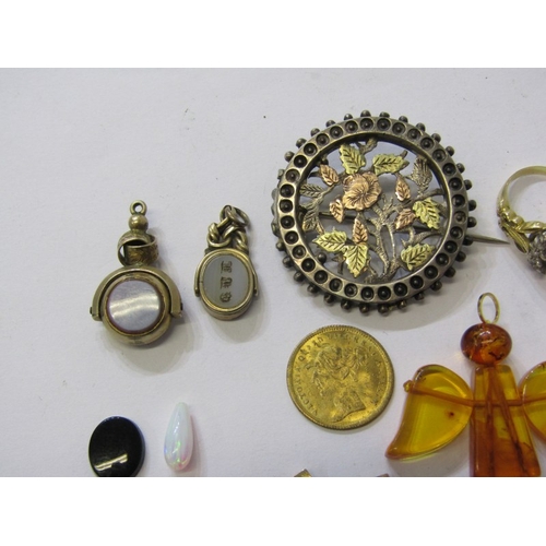 168 - SWIVEL FOBS & COSTUME JEWELLERY, vintage oriental yellow metal swivel fob, together with 1 other twi... 