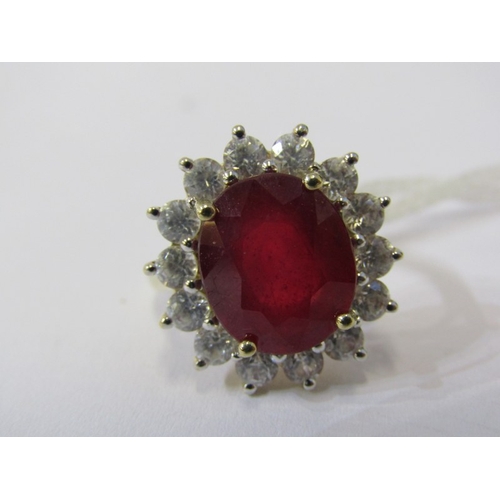 171 - RUBY CLUSTER RING, large oval ruby ring, cluster of white sapphires, 9ct gold band, size K, 5.5 gram... 