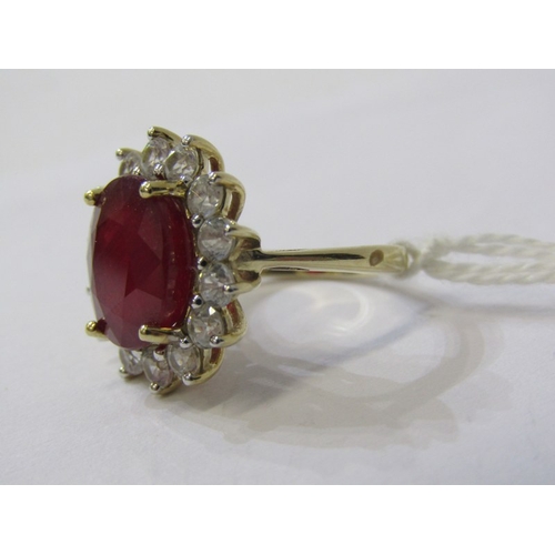 171 - RUBY CLUSTER RING, large oval ruby ring, cluster of white sapphires, 9ct gold band, size K, 5.5 gram... 