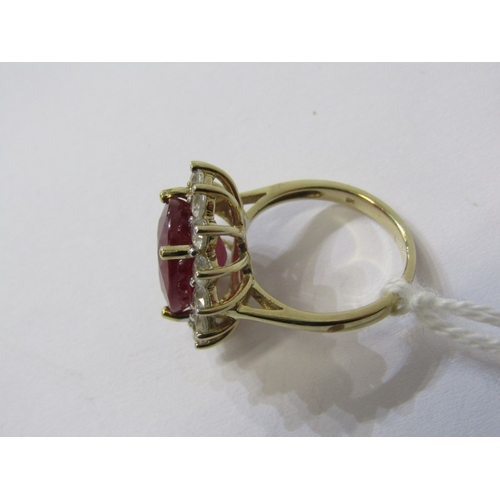 171 - RUBY CLUSTER RING, large oval ruby ring, cluster of white sapphires, 9ct gold band, size K, 5.5 gram... 