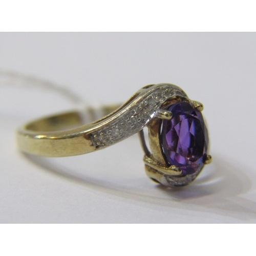 175 - AMETHYST & DIAMOND RING, 9ct yellow gold ring set central oval amethyst  with diamond shoulders in a... 