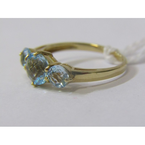 184 - BLUE TOPAZ RING, 9ct yellow gold ring set with 3 blue topaz stones, size N