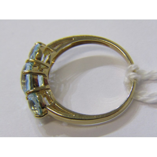 184 - BLUE TOPAZ RING, 9ct yellow gold ring set with 3 blue topaz stones, size N