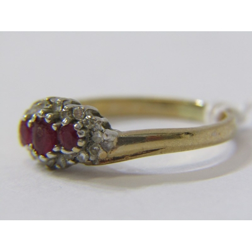 194 - RUBY & DIAMOND CLUSTER RING, 9ct yellow gold ring set with a cluster of 3 rubies surrounded by diamo... 