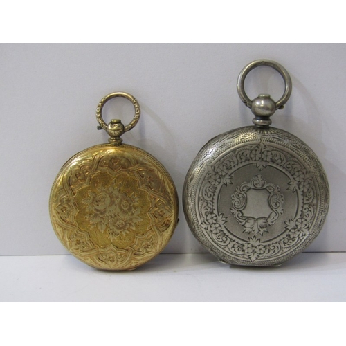 198 - POCKET WATCHES, 2 key wind pocket watches, one in a foliate decorated silver case the other in gilt ... 