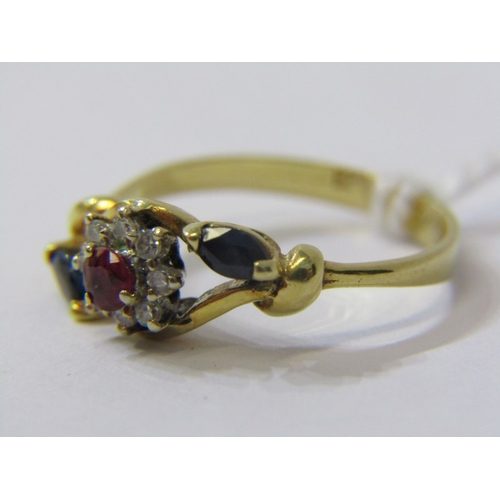 199 - RUBY, DIAMOND & SAPPHIRE CLUSTER RING, 18ct yellow gold ring, set with central ruby in a cluster of ... 