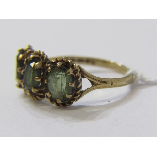 203 - VINTAGE 3 STONE GREEN TOPAZ RING, 9ct yellow gold ring set 3 well matched green topaz, size Q/R