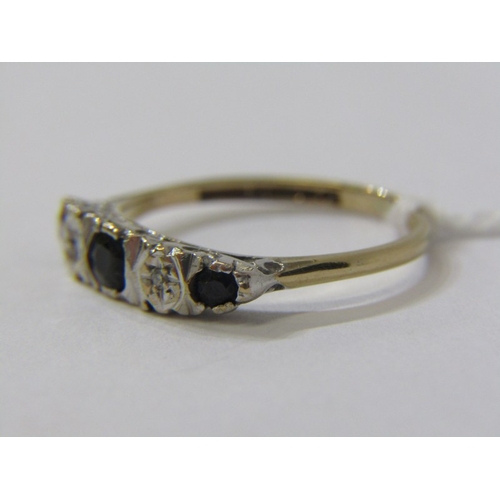 210 - SAPPHIRE & DIAMOND RING, 9ct yellow gold ring set 3 sapphires interpersed by 2 diamonds, size M/N