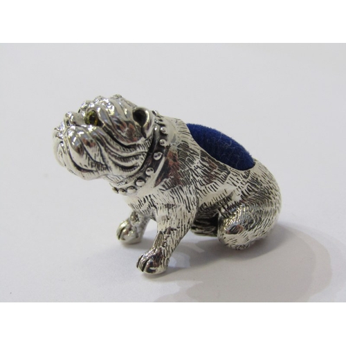 219 - NOVELTY PIN CUSHION, in the form of a seated bull dog with glass eyes