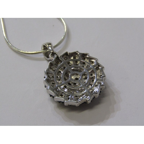 220 - DIAMOND CLUSTER PENDANT, a circular silver & diamond cluster pendant on silver chain