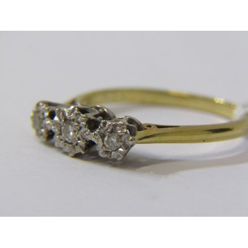 223 - 3 STONE DIAMOND RING, 18ct yellow gold & platinum set 3 stone diamond ring, size R