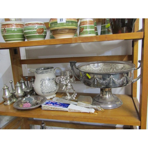 23 - SILVERPLATE, twin handled fruit bowl, condiment ware, also Victorian farmer's arms jug, etc