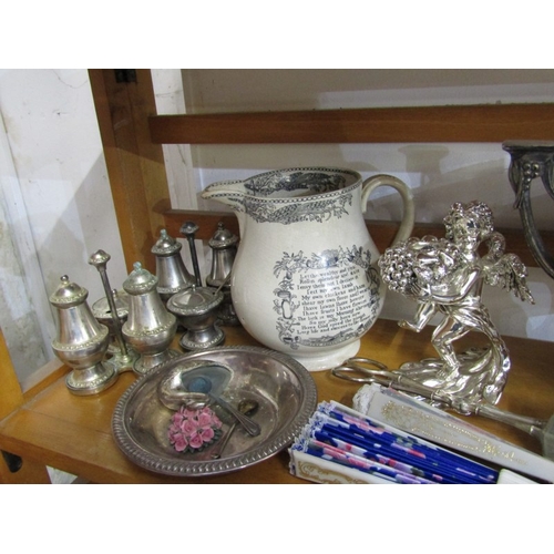 23 - SILVERPLATE, twin handled fruit bowl, condiment ware, also Victorian farmer's arms jug, etc