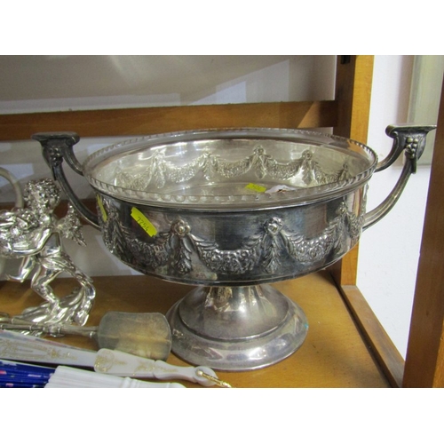 23 - SILVERPLATE, twin handled fruit bowl, condiment ware, also Victorian farmer's arms jug, etc