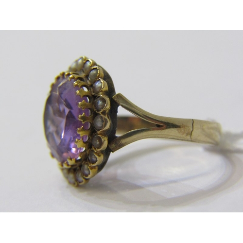 235 - AMETHYST & PEARL RING, vintage 9ct yellow gold ring set with a large circular amethyst surrounded by... 