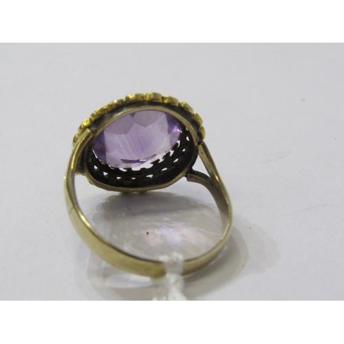 235 - AMETHYST & PEARL RING, vintage 9ct yellow gold ring set with a large circular amethyst surrounded by... 