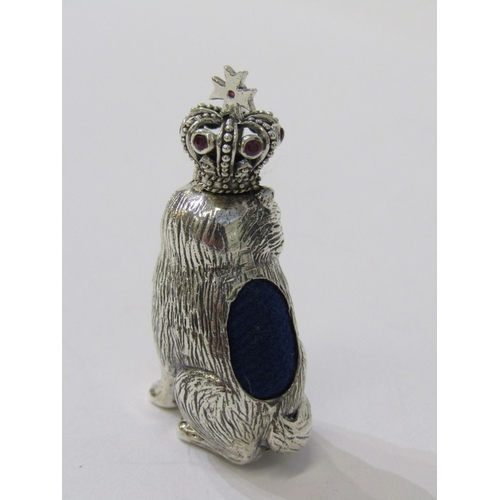 236 - NOVELTY PIN CUSHION, a sterling silver pin cushion of a seated cat with crown with blue glass eyes &... 