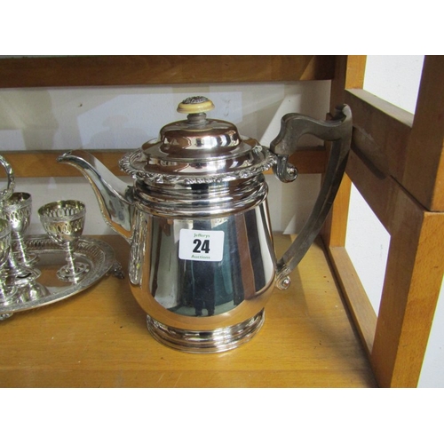 24 - PLATED WARE, early Sheffield plated tea pot with wood handle, plated egg cruet, sugar castor and pla... 