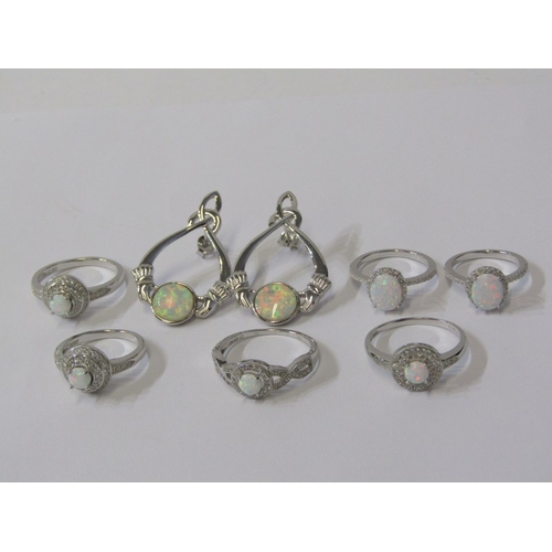 240 - SILVER & OPAL RINGS, 6 silver rings set opal, various sizes J to N, also 2 opal pendants (8 pieces i... 