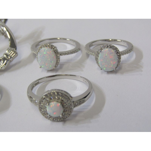 240 - SILVER & OPAL RINGS, 6 silver rings set opal, various sizes J to N, also 2 opal pendants (8 pieces i... 