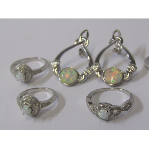 240 - SILVER & OPAL RINGS, 6 silver rings set opal, various sizes J to N, also 2 opal pendants (8 pieces i... 