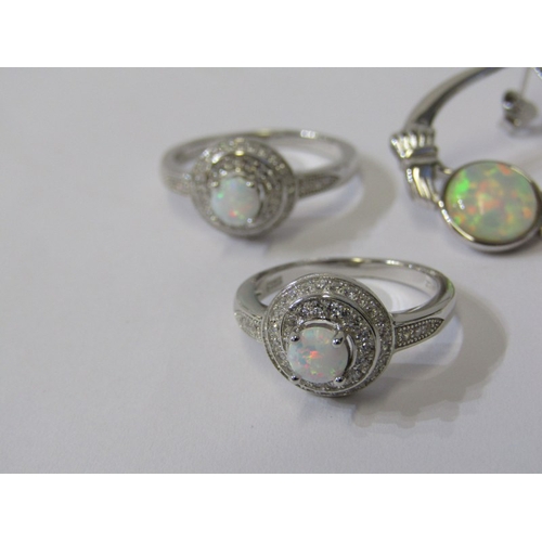 240 - SILVER & OPAL RINGS, 6 silver rings set opal, various sizes J to N, also 2 opal pendants (8 pieces i... 