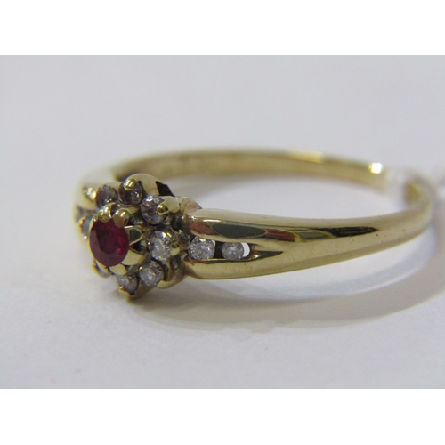 248 - RUBY & DIAMOND RING, 9ct yellow gold ring set a central ruby surrounded by diamonds in a cluster, to... 