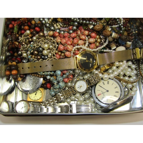 258 - COSTUME JEWELLERY, tin of assorted bead and stoneset neckalces, faux pearls, watches, etc